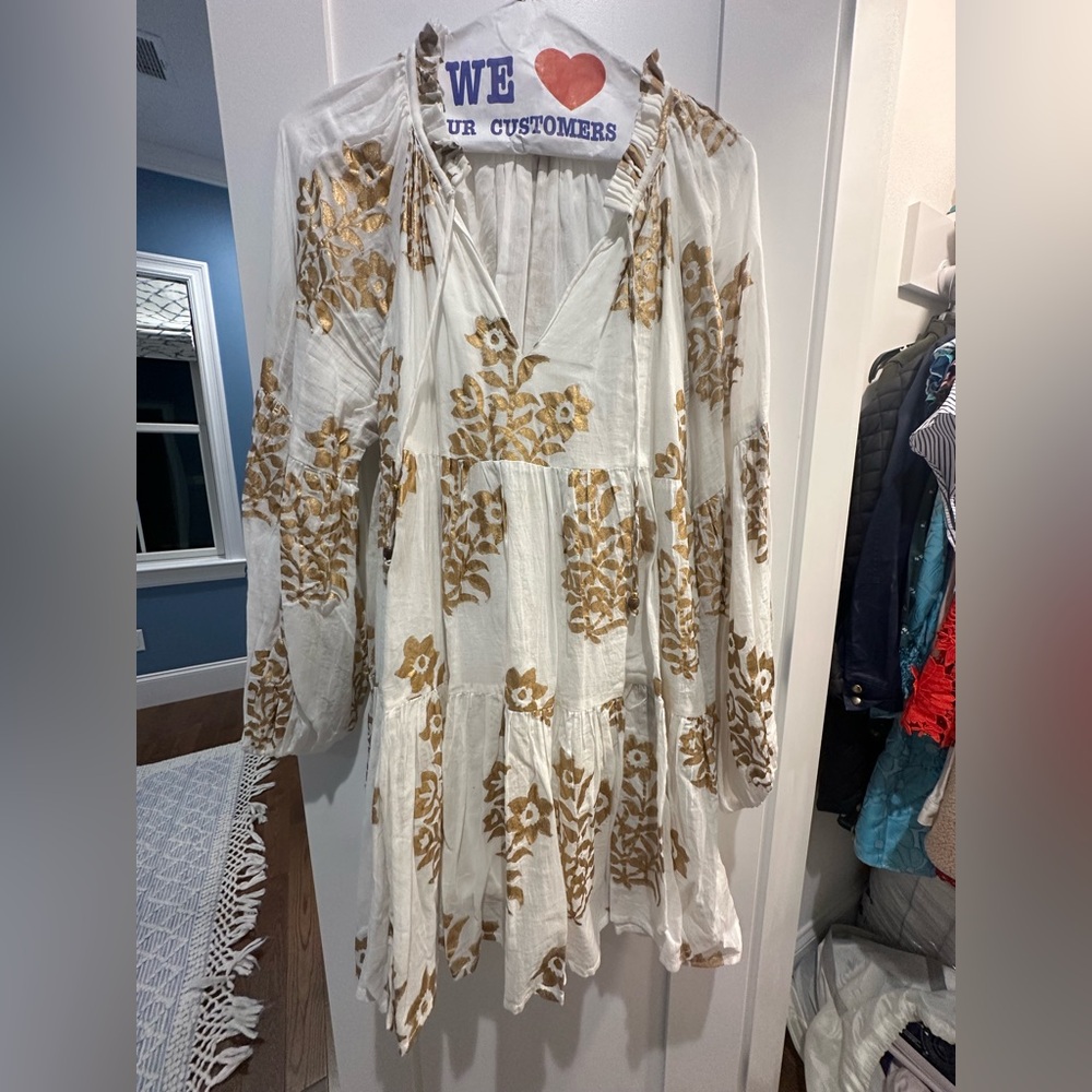 Oliphant White and Gold Floral Long Sleeve Dress